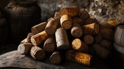 Poster - A pile of authentic wine corks showcasing their natural beauty, each cork a symbol of heritage, celebration, and craftsmanship in a rustic setting.