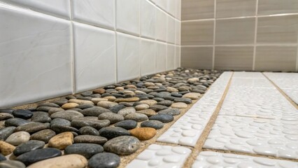 Aufkleber - A medium closeup focusing on the transition between the pebble shower floor and smooth tile walls showcasing the contrast of textures and colors.