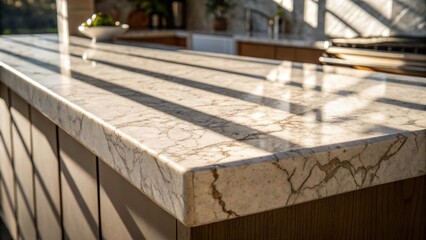 Poster - A medium closeup highlights the interaction of natural light on a waterfalledge countertop casting dynamic shadows and showcasing the unique patterns of the stone.