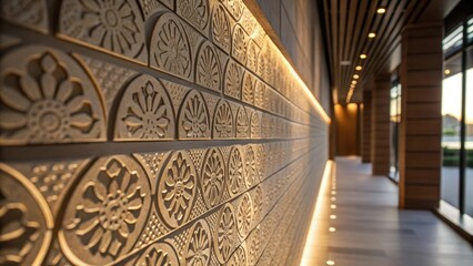 Aufkleber - A medium closeup highlighting the interplay of light and shadow across the textures of a finished feature wall creating visual depth.
