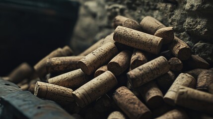 Poster - A pile of authentic wine corks showcasing their natural beauty, each cork a symbol of heritage, celebration, and craftsmanship in a rustic setting.