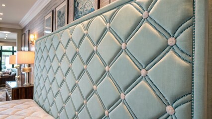 Poster - A medium closeup of a beautifully patterned upholstered wall panel with a serene calming color palette creating a tranquil ambiance in the background.
