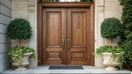 Poster - A medium closeup of a classic double door with a rich walnut stain featuring elegant bronze handles and flanked by lush planters inviting guests with its warm elegance.