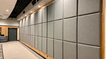 Aufkleber - A medium closeup of a completed section of soundproofed wall showcasing the uniformity and color of the panels against adjacent surfaces.