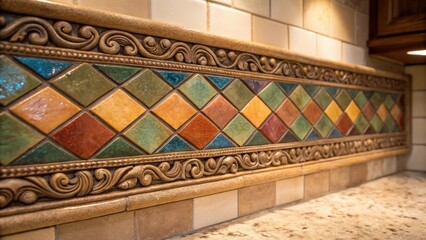 Aufkleber - A medium closeup of a completed tile backsplash featuring an ornate border catching the light that highlights the textures and colors of the tiles.