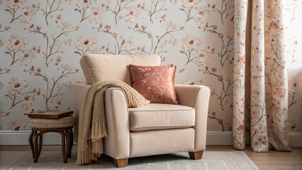 Aufkleber - A medium closeup of a cozy bedroom corner featuring a plush armchair and a fabric wall adorned with delicate floral motifs creating an inviting atmosphere.