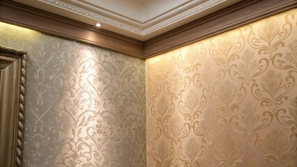 Poster - A medium closeup of a corner where two sheets of textured wallpaper meet highlighting the seamless integration of colors and textures against a softly lit backdrop.