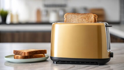 Poster - A medium closeup of a countertop with a sleek energyefficient toaster and wholegrain bread presenting a wholesome breakfast preparation in action.