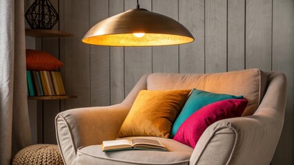 Aufkleber - A medium closeup of a cozy reading nook featuring a stylish oversized pendant lamp that illuminates a plush armchair and a pile of colorful cushions inviting relaxation.