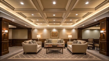 Aufkleber - A medium closeup of a cozy seating area beneath a coffered ceiling with soft recessed lighting illustrating how the ceiling design draws the eye downward to the inviting furniture