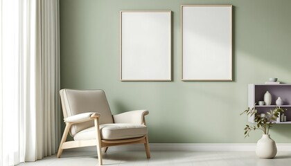 Sticker - Relaxing armchair in modern living room, green walls, empty frames, sunlit