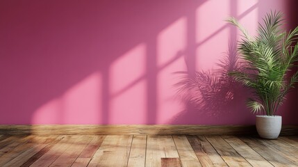 Poster - This visually appealing room features a warm pink wall complemented by soft shadows and a lovely green plant, creating an intimate and inviting atmosphere.