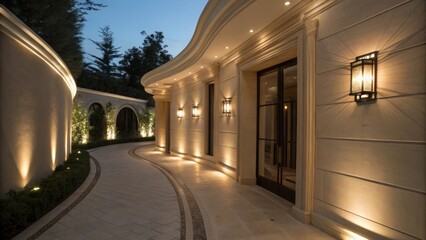 Poster - A medium closeup of a designer hallway where motionactivated lights trace the curves of the wall creating an inviting atmosphere during a dim evening.
