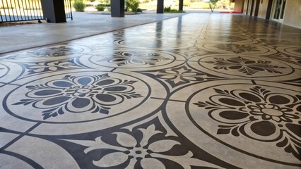 Poster - A medium closeup of a finished concrete floor featuring a unique pattern created by stencil work emphasizing the contrast between the dark and light shades.