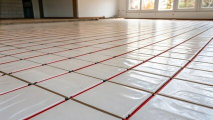 Poster - A medium closeup of a finished underfloor heating system beneath a layer of tiled flooring showing the smooth seamless surface ready for use.