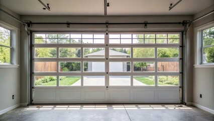 Poster - A medium closeup of a garage door transformed into large windows allowing natural light to flood the space emphasizing the bright and airy atmosphere.
