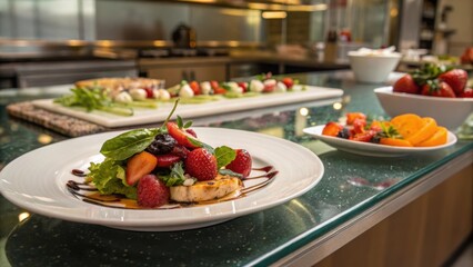 Poster - A medium closeup of a gourmet meal being plated on a glass countertop with rich colors of fresh ingredients contrasting beautifully against the shiny surface.