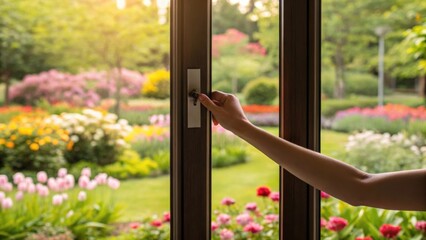 Poster - A medium closeup of a hand gently opening a sliding glass door revealing a vibrant garden filled with blooming flowers emphasizing the connection between indoor comfort and outdoor