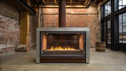 Fototapete - A medium closeup of a glassfront fireplace in an urban loft with exposed brick walls and industrial furnishings creating a striking contrast between warmth and raw materials.