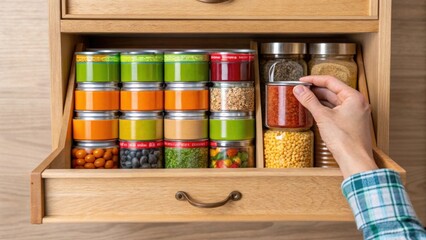 Poster - A medium closeup of a hand gently pulling out a wooden pantry drawer revealing a variety of colorful canned goods and cooking essentials stacked neatly.