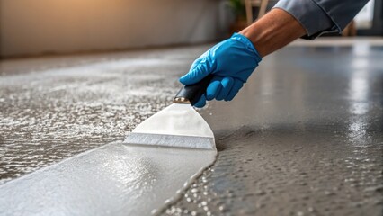 Aufkleber - A medium closeup of a gloved hand using a spatula to expertly spread a layer of clear epoxy resin across a textured concrete floor capturing the interaction between the tool and