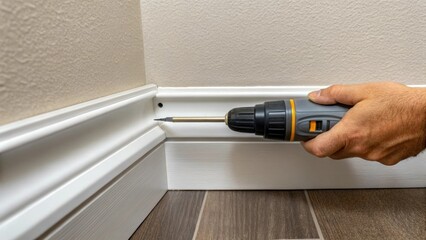 Aufkleber - A medium closeup of a hand using a screwdriver to firmly attach the baseboard to the wall with the smooth finish of the unit contrasting the textured paint.