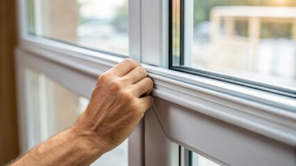 Poster - A medium closeup of a hand applying weatherstripping around a window frame emphasizing the careful attention to detail involved in sealing potential drafts.