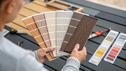 Aufkleber - A medium closeup of a homeowner inspecting two different samples of weatherresistant decking analyzing the textures and color swatches against a backdrop of tools.