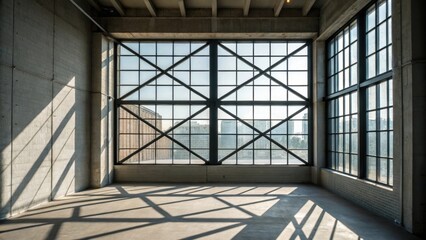 Aufkleber - A medium closeup of a large industrialstyle window allowing natural light to flood in casting geometric shadows on the walls and floor.
