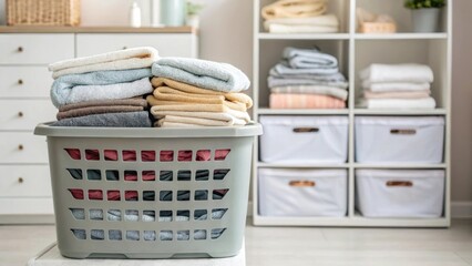 Aufkleber - A medium closeup of a laundry basket filled with freshly washed clothes positioned in front of a compact stackable unit capturing the coziness of a efficiently designed space.