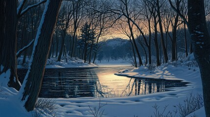 Poster - A serene twilight scene, with long tree shadows and a snowy landscape surrounding a frozen lake.