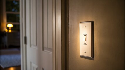 Aufkleber - A medium closeup of a light switch on the wall with a soft glow illuminating an adjacent hidden door suggesting an unexpected transition between two spaces.