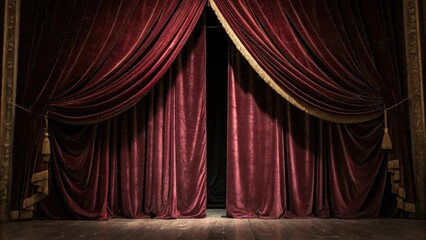 Aufkleber - A medium closeup of a luxurious velvet curtain that drapes elegantly parting slightly to suggest a hidden alcove beyond inviting intrigue into the concealed area.