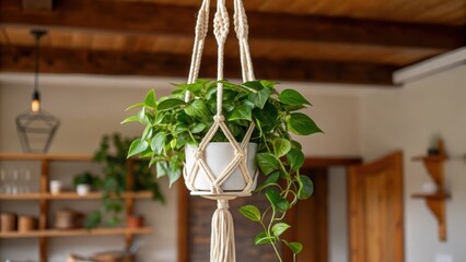 Aufkleber - A medium closeup of a macrame plant hanger elegantly draped from the ceiling showcasing a cascading pothos plant that complements the rustic kitchen decor.