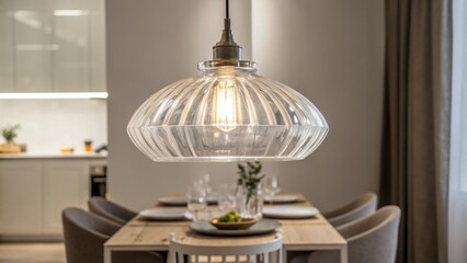 Poster - A medium closeup of a minimalist pendant light made of clear glass refracting light and illuminating a small dining area providing an airy and spacious feel with its simplicity.