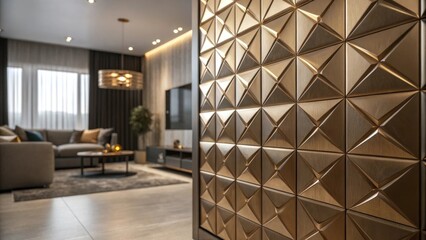 Aufkleber - A medium closeup of a metallic 3D wall feature with a gl sheen reflecting ambient light while surrounded by contemporary furnishings in a sleek living area.
