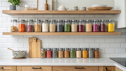 Aufkleber - A medium closeup of a modern kitchen with wooden open shelves displaying a curated collection of glass jars filled with colorful es and grains enhancing both functionality and