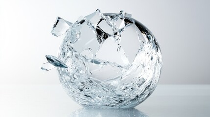 Poster - A shattered crystal sphere with floating sharp fragments in mid-air, creating a striking contrast of delicate beauty and sharp edges, set against a soft light grey background.