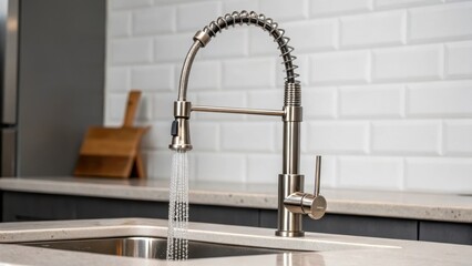 Poster - A medium closeup of a multifunctional kitchen faucet with a pulldown sprayer demonstrating its innovative design aimed at reducing water waste during usage.