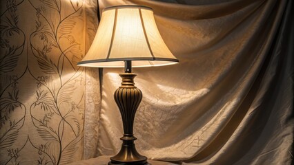 Aufkleber - A medium closeup of an elegant bedside lamp casting a warm glow against a textured fabric wall highlighting the contrast between light and soft materials.