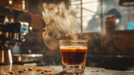 Poster - A shot of rich espresso flowing into a tilted glass, with steam rising gently and a warm rustic background, offering a feeling of comfort and indulgence.