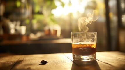 Poster - A shot of rich espresso flowing into a tilted glass, with steam rising gently and a warm rustic background, offering a feeling of comfort and indulgence.