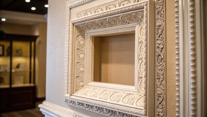 Poster - A medium closeup of a newly framed wall niche showcasing ornate trim work that adds elegance with a contrasting color behind for depth.