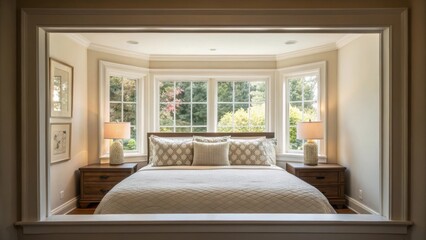Poster - A medium closeup of an open bedroom window framing a recessed bed frame allowing natural light to pour in and highlighting the subtle color palette of the decor.
