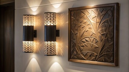 Aufkleber - A medium closeup of a pair of wall sconces accentuating a piece of modern art with the focused light creating shadows that enhance the artworks texture and depth.