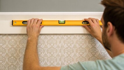 Aufkleber - A medium closeup of a person aligning the top edge of a wallpaper panel with a level demonstrating the importance of accuracy in achieving a seamless look.