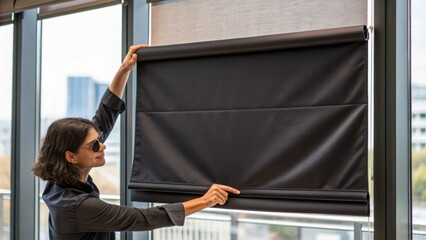 Aufkleber - A medium closeup of a person holding a sleek blackout shade with a rich fabric texture visible as they prepare to install it over a large window.