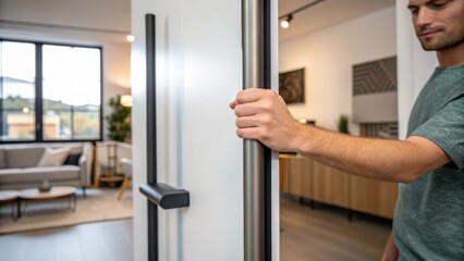 Poster - A medium closeup of a person gripping a handle on a stylish partition demonstrating the ease of repositioning the wall to create a new living space.