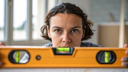 Poster - A medium closeup of a persons face concentrating on leveling a shade with a spirit level in hand capturing their focused expression against a blurred background of the room.