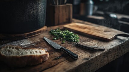 Poster - A steaming bowl of homemade soup on a rustic wooden table, garnished with fresh herbs, with a side of warm crusty bread.